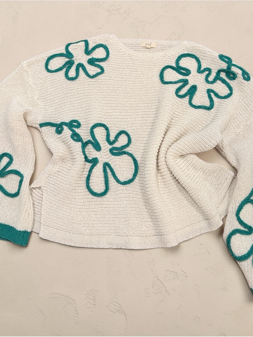White Knit Sweater with Green Floral Applique